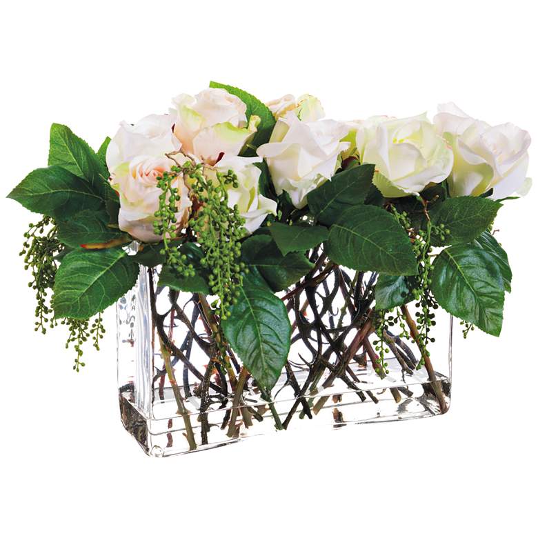 Image 1 White Rose and Berry 15" Wide Faux Flowers in Glass Vase