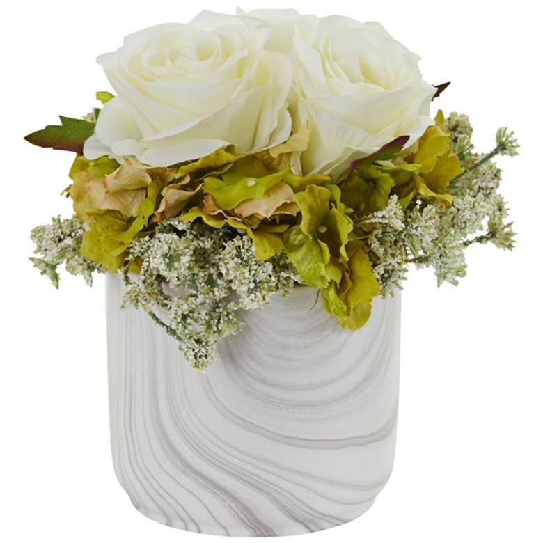 Image 1 White Rose and Hydrangea 8"H Faux Flowers in Marble Vase