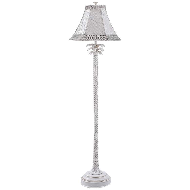 Image 1 White Washed - Coastal Palm Floor Lamp With Woven Hex Rattan Shade