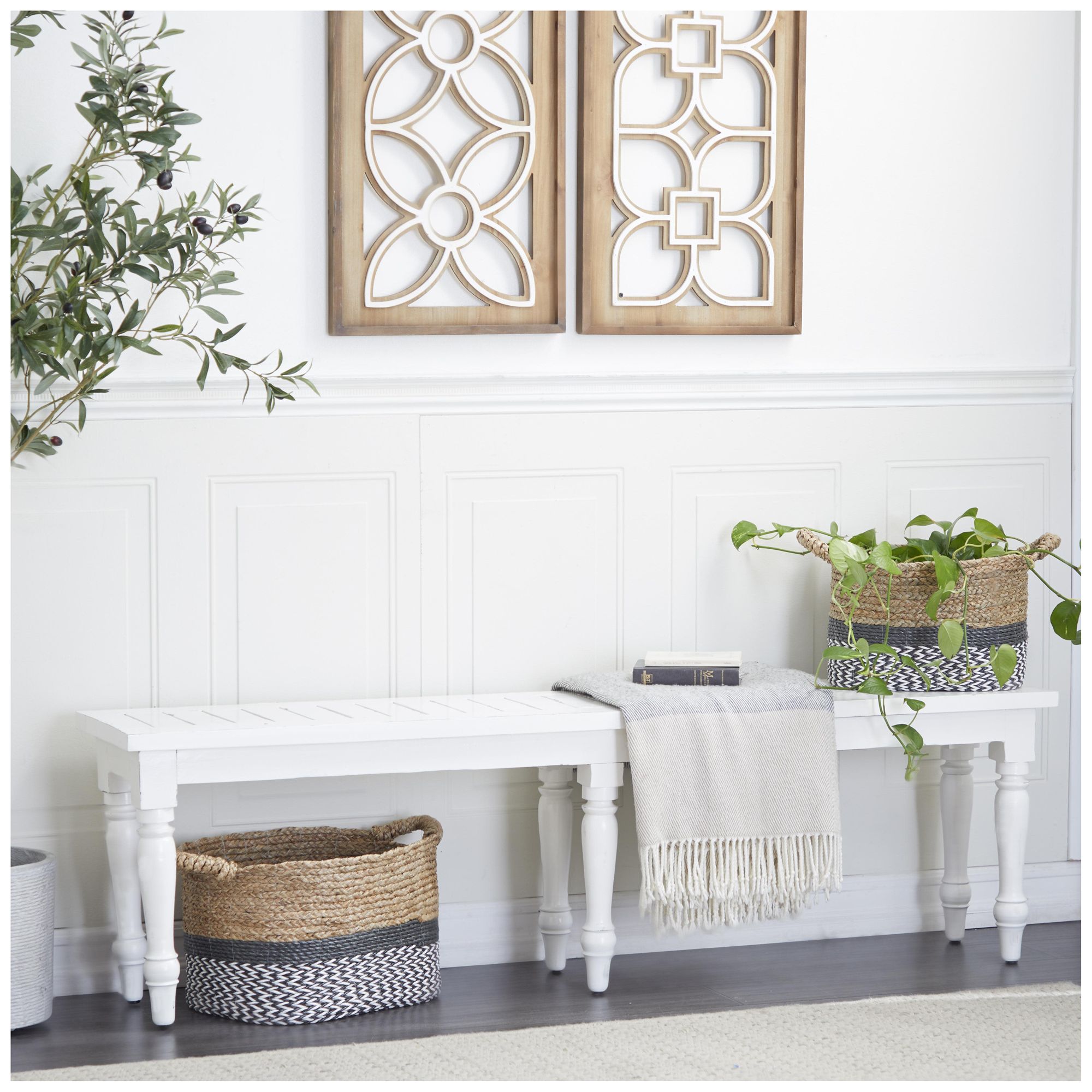 Image 4 White Wood Farmhouse Bench, 63" x 12" x 18" more views