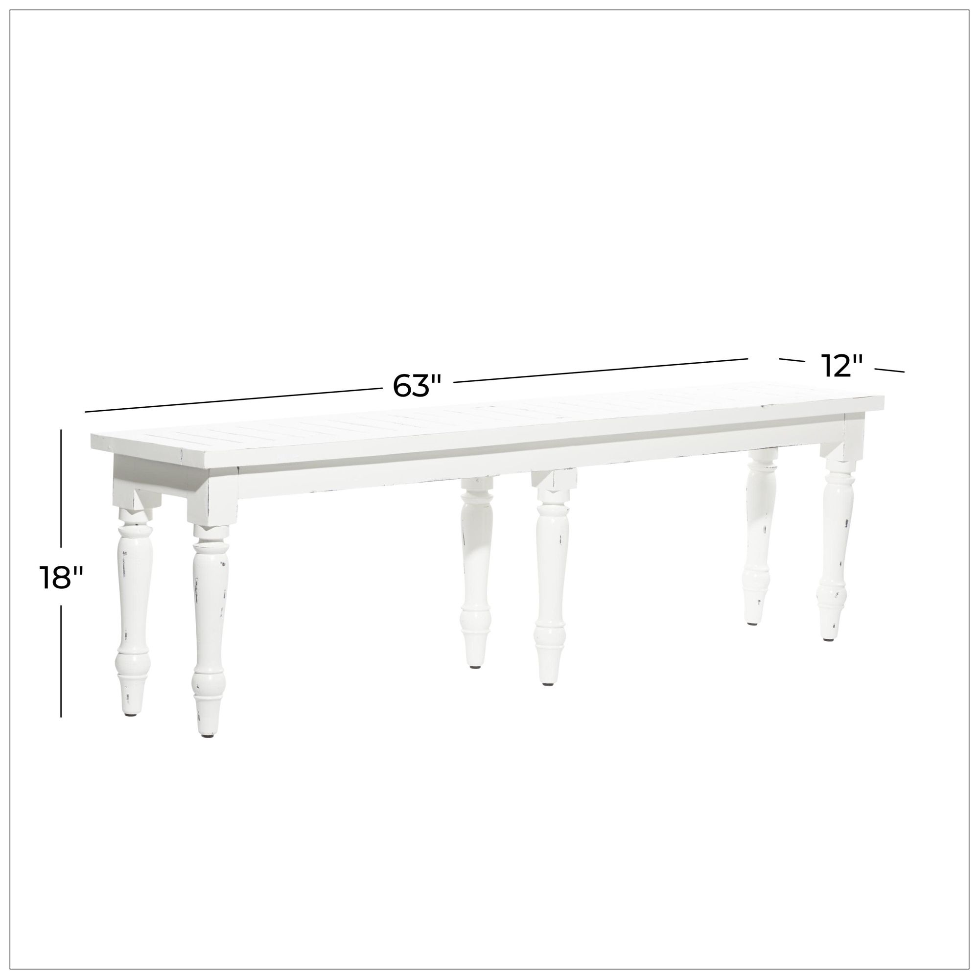White Wood Farmhouse Bench, 63" x 12" x 18"