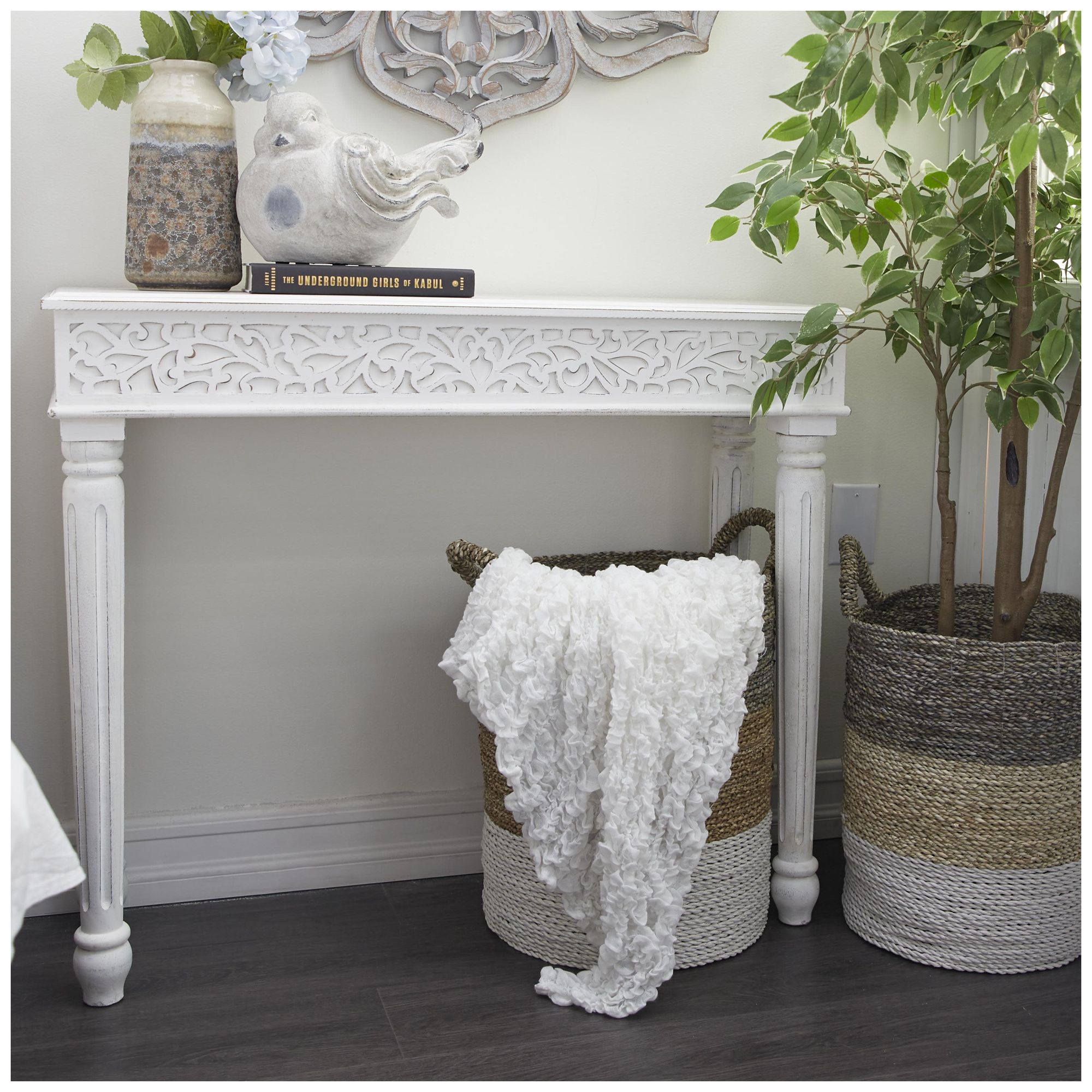 Image 4 White Wood Farmhouse Console Table, 36" x 12" x 30" more views