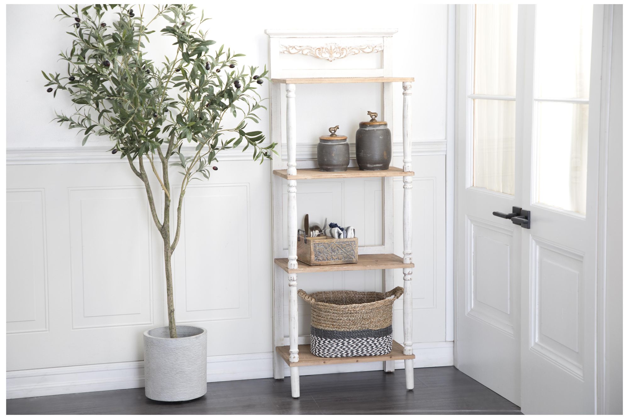 Image 4 White Wood Farmhouse Shelving Unit, 22" x 13" x 57" more views