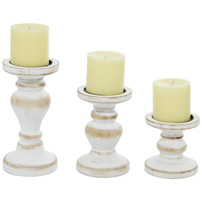 Image 1 White Wood Turned Decorative Candle Holder, Set of 3 8", 6", 4"H