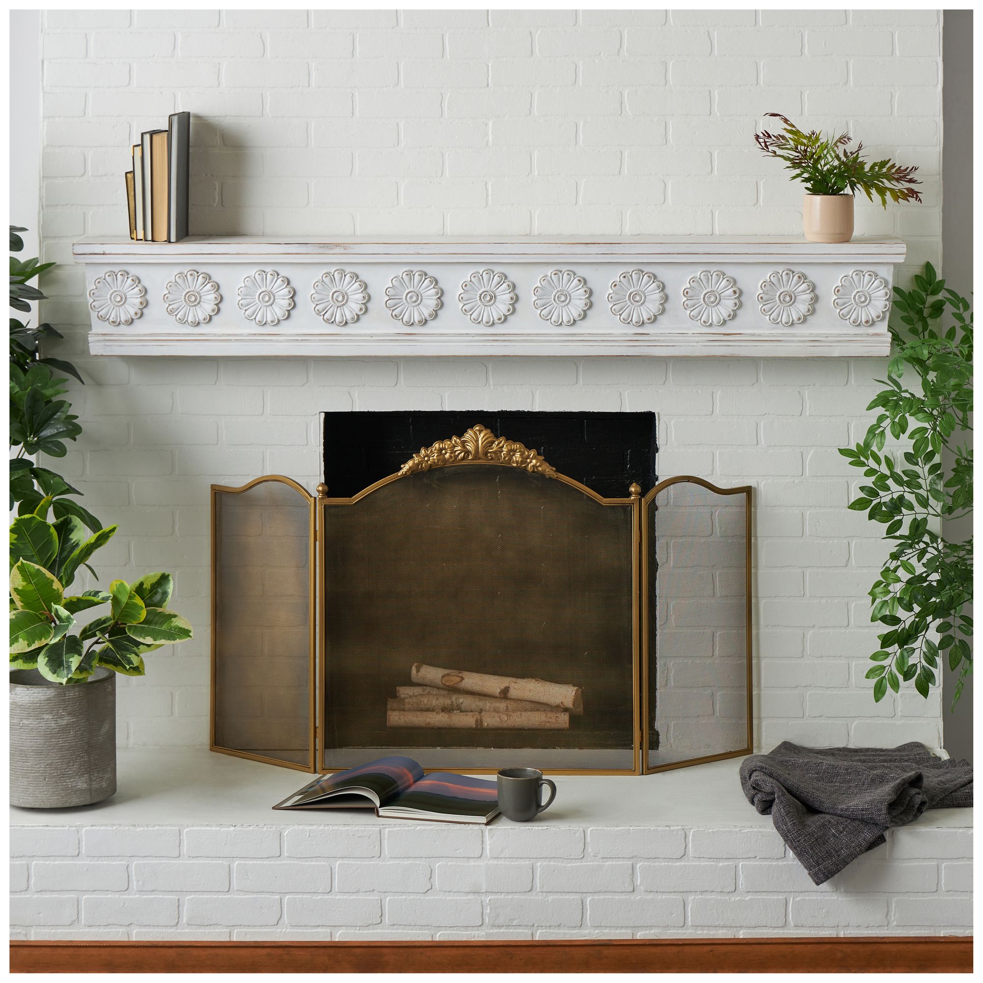 Image 4 White Wooden Vintage Wall Shelf, 72" x 8" x 10" more views