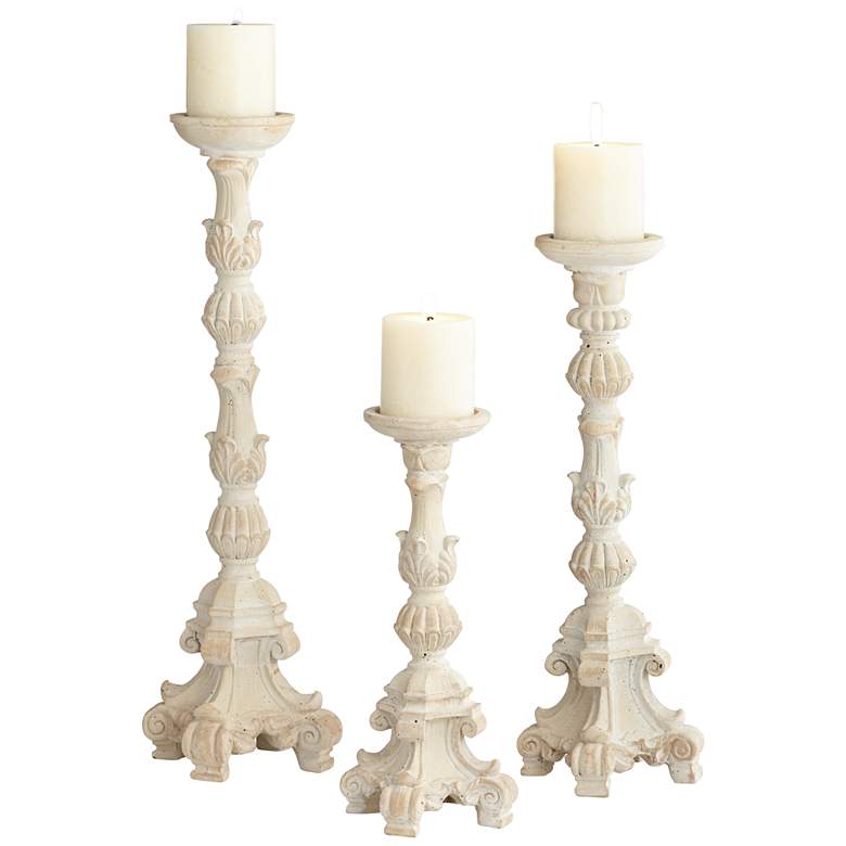 Whitewashed Carved Pillar Candle Holders Set of 3