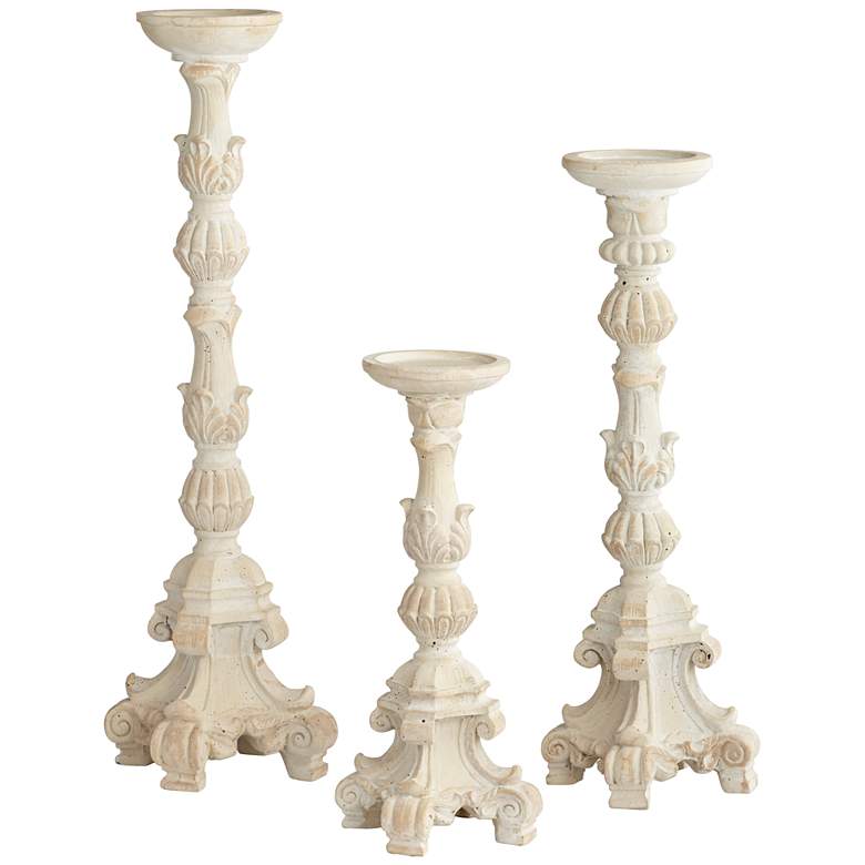 Whitewashed Carved Pillar Candle Holders Set of 3 more views