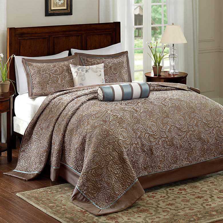 Image 2 Whitman Soft Blue Taupe 5-Piece Queen Bedspread Set