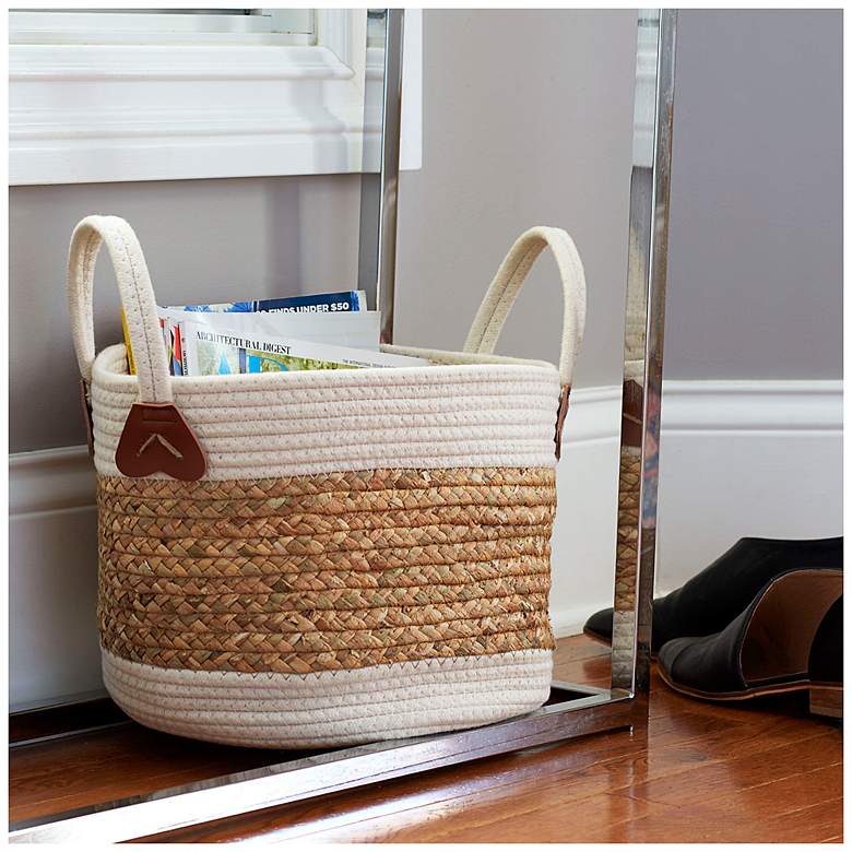 Image 1 Wicker Basket, Two-Toned with Attached Handles, Natural and White