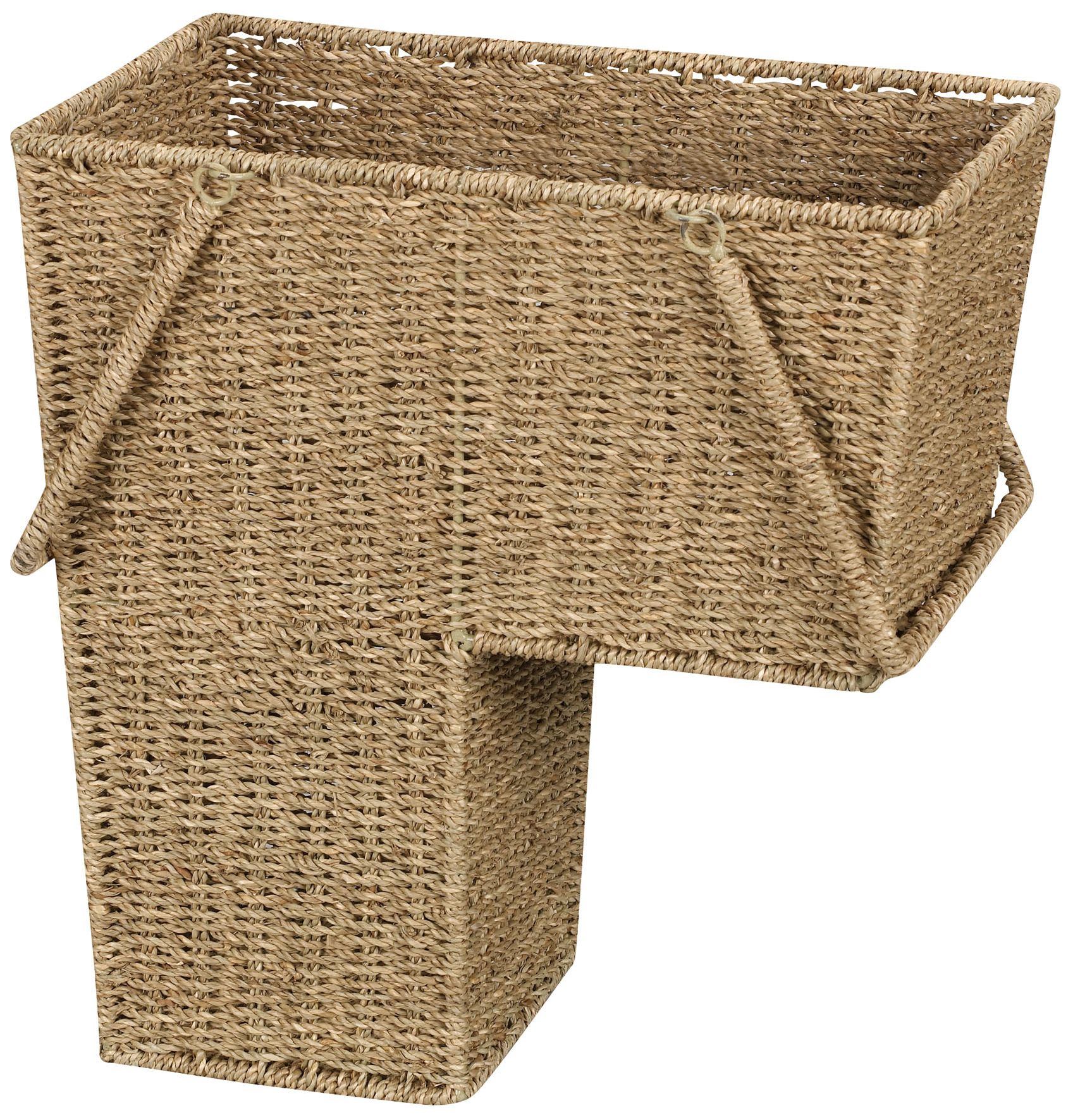 Image 2 Wicker Stair Basket with Handles, Handwoven Sits on Two Stairs