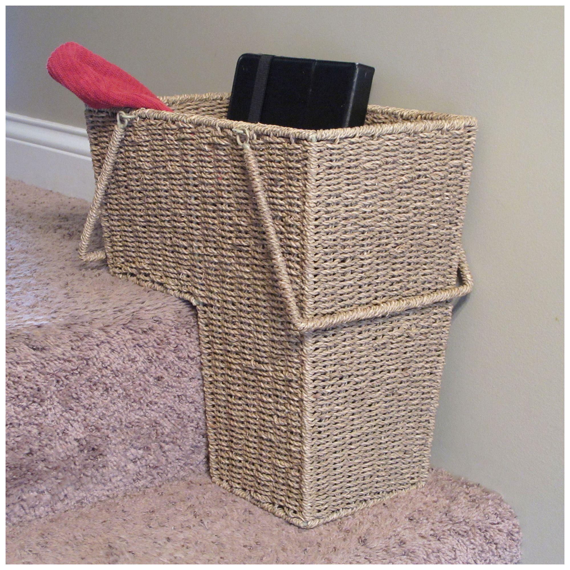 Image 6 Wicker Stair Basket with Handles, Handwoven Sits on Two Stairs more views