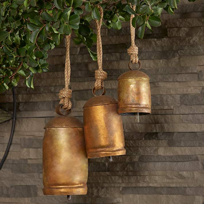 4 Large hanging Rustic Cow Bells ~ Distressed Gold hanging on a Rustic Rope