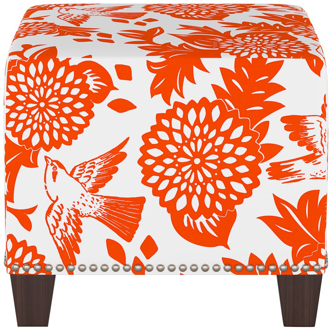Image 4 Wilding Garden Bird Orange Fabric Nail Button Square Ottoman Made to Order more views