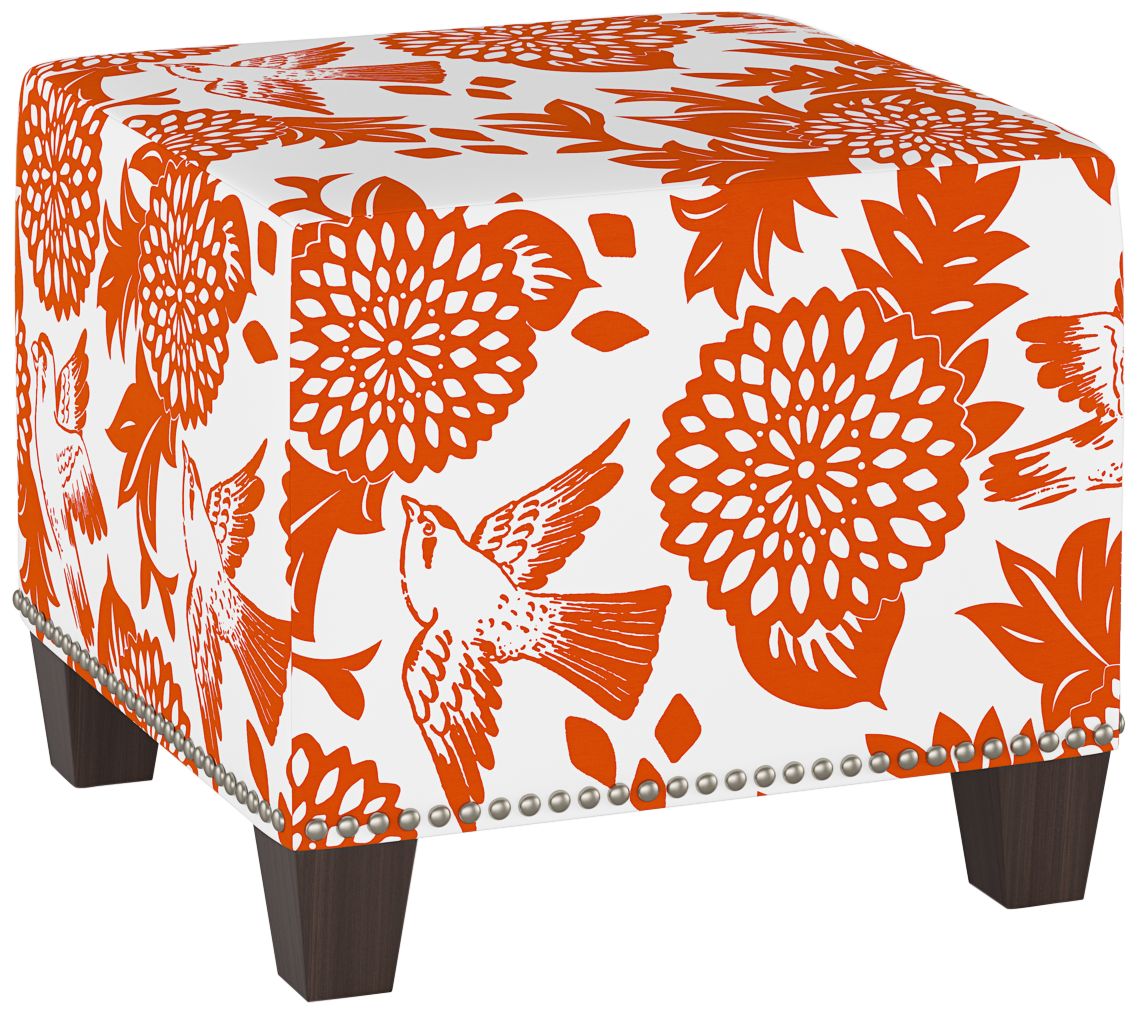 Wilding Garden Bird Orange Fabric Nail Button Square Ottoman