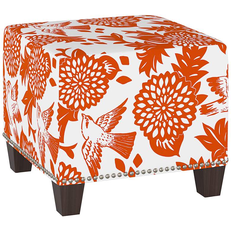 Image 1 Wilding Garden Bird Orange Fabric Nail Button Square Ottoman
