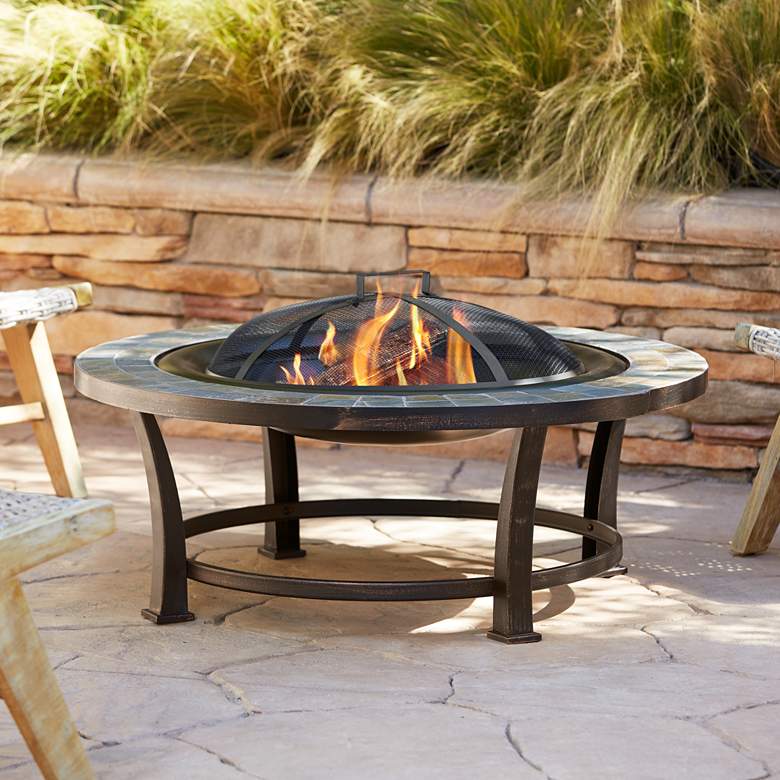 Image 1 Willapa 40 inch Wide Steel and Slate Top Outdoor Fire Pit