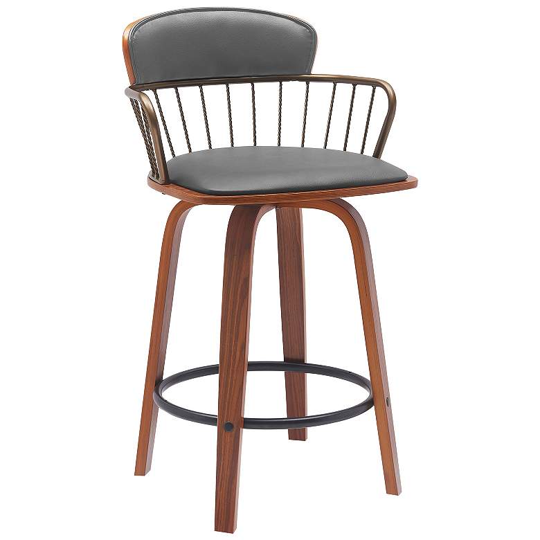Image 1 Willow 25.5 in. Barstool in Walnut Wood, Golden Bronze, Grey Faux Leather