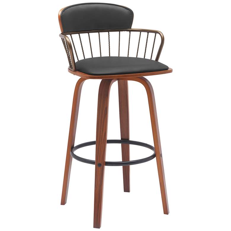 Image 1 Willow 30 in. Barstool in Walnut Wood, Golden Bronze, Black Faux Leather