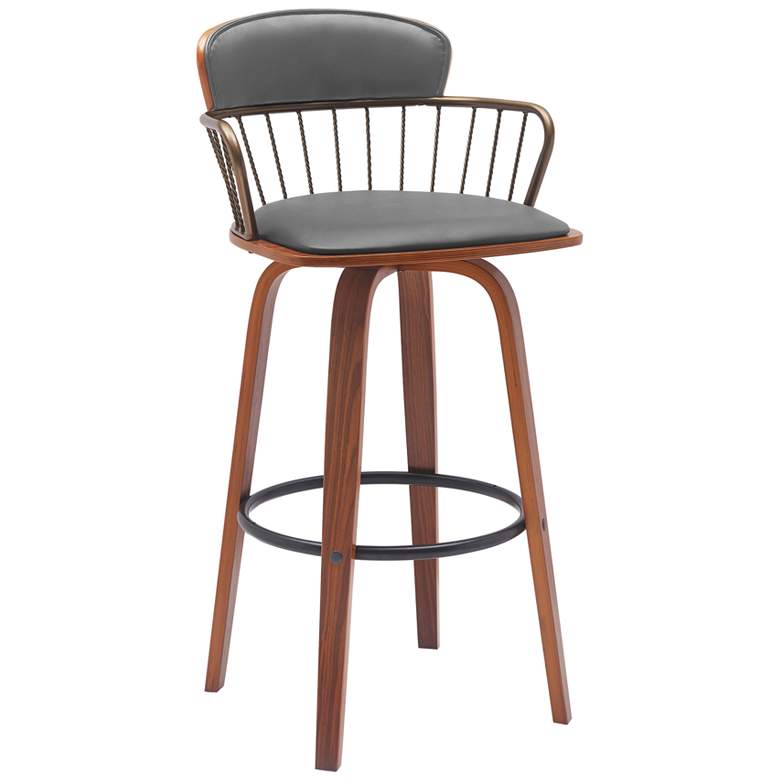 Image 1 Willow 30 in. Barstool in Walnut Wood, Golden Bronze, Grey Faux Leather