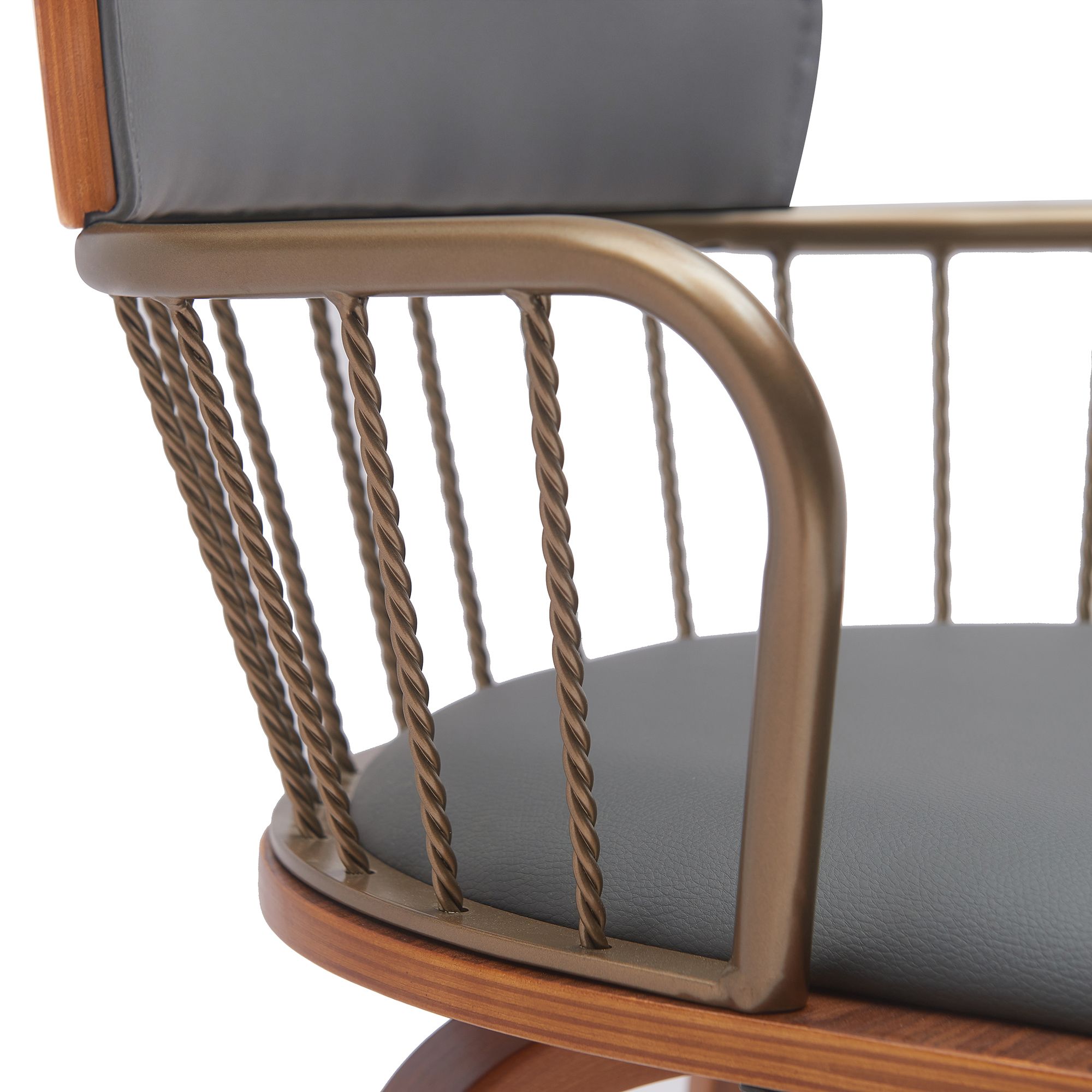 Willow 30 in. Barstool in Walnut Wood, Golden Bronze, Grey Faux Leather