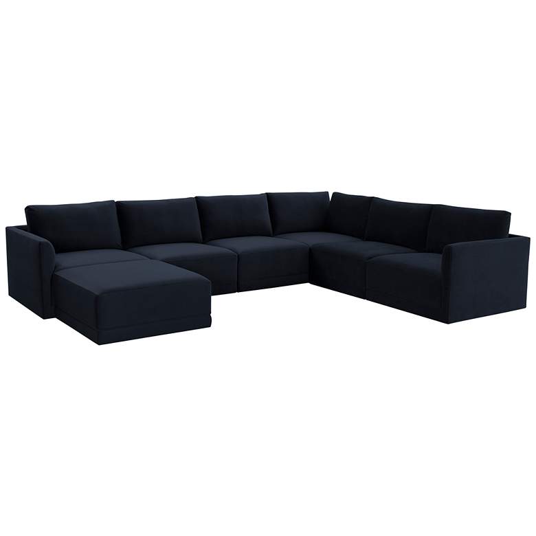 Image 6 Willow Modular Navy Velvet Fabric Large Chaise Sectional more views