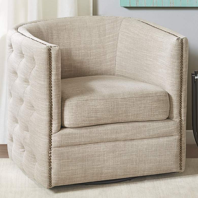 Image 1 Wilmette Taupe Tufted Fabric Barrel Swivel Accent Chair