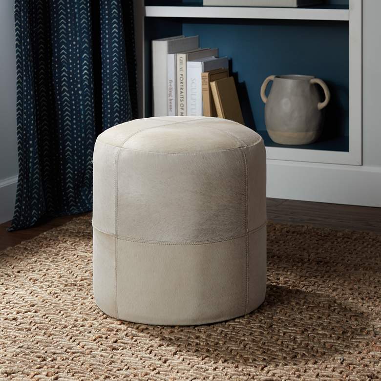 Image 1 Wilson 17" High Smoke Gray and Brown Leather Hide Round Ottoman