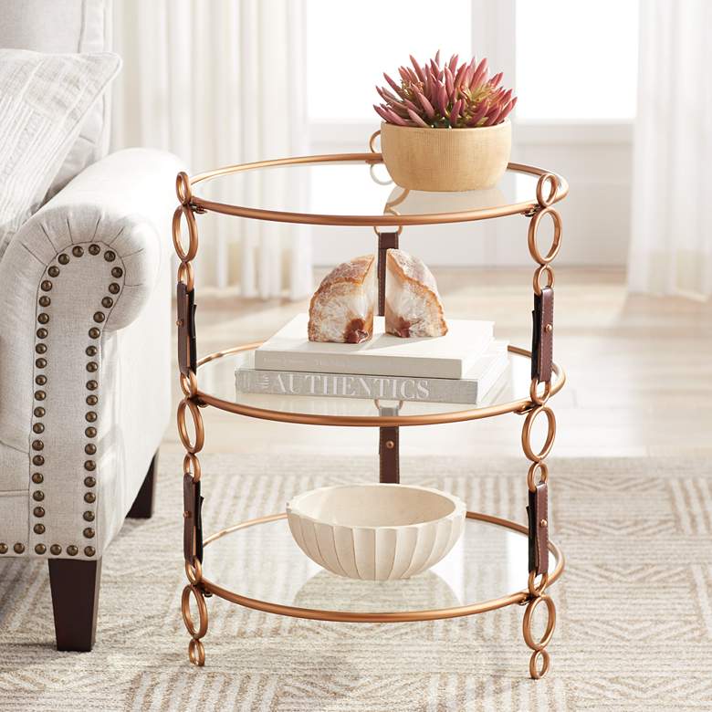 Winchester 22 1/2&quot; Gold and Faux Leather 3-Tier Glass Accent Table