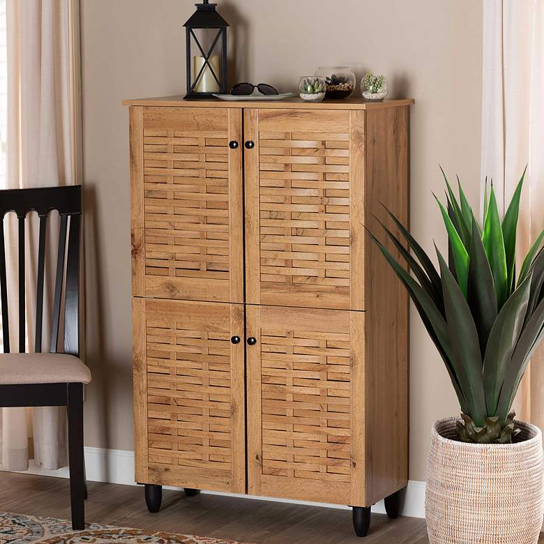 Image 1 Winda 30" Wide Oak Brown Wood 4-Door Shoe Storage Cabinet