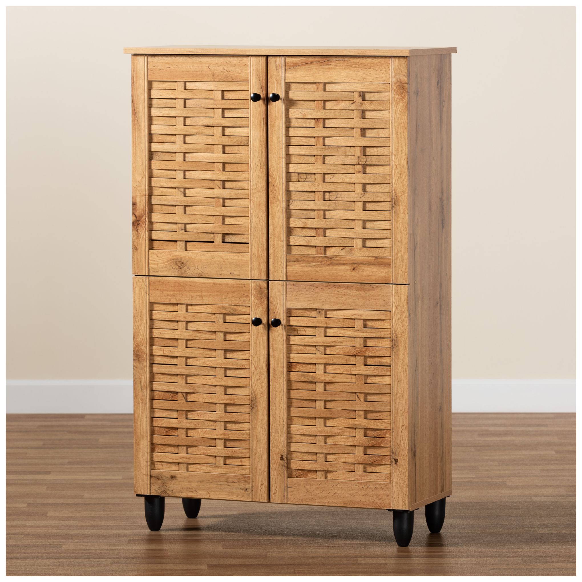 Winda 30" Wide Oak Brown Wood 4-Door Shoe Storage Cabinet