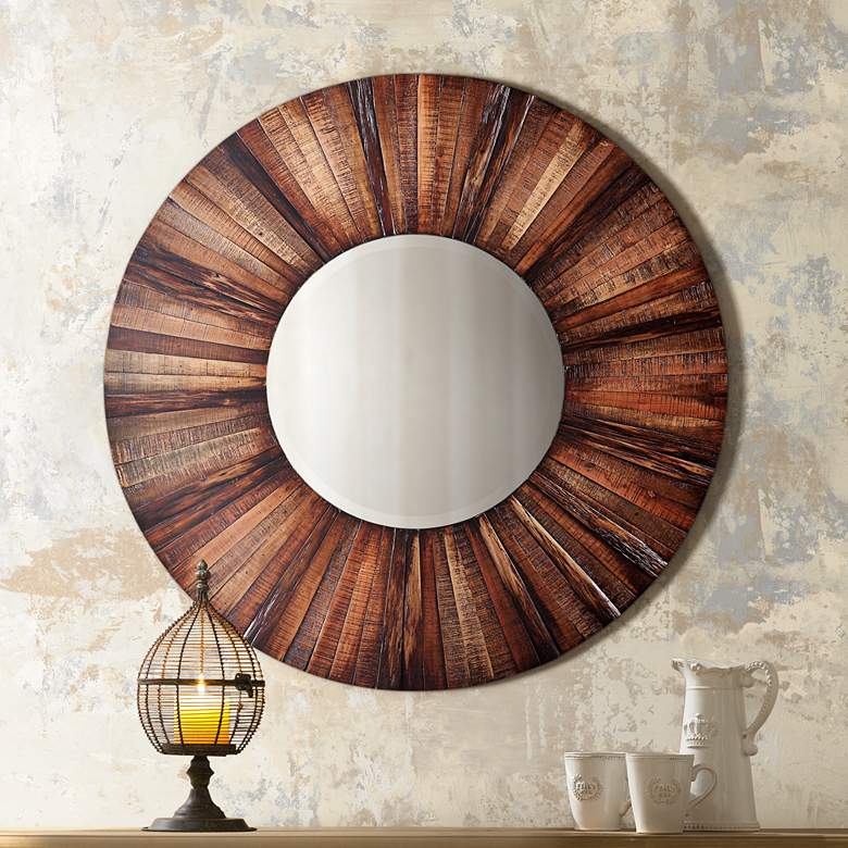 Image 1 Windswept Natural Wood 36 inch Round Sunburst Wall Mirror