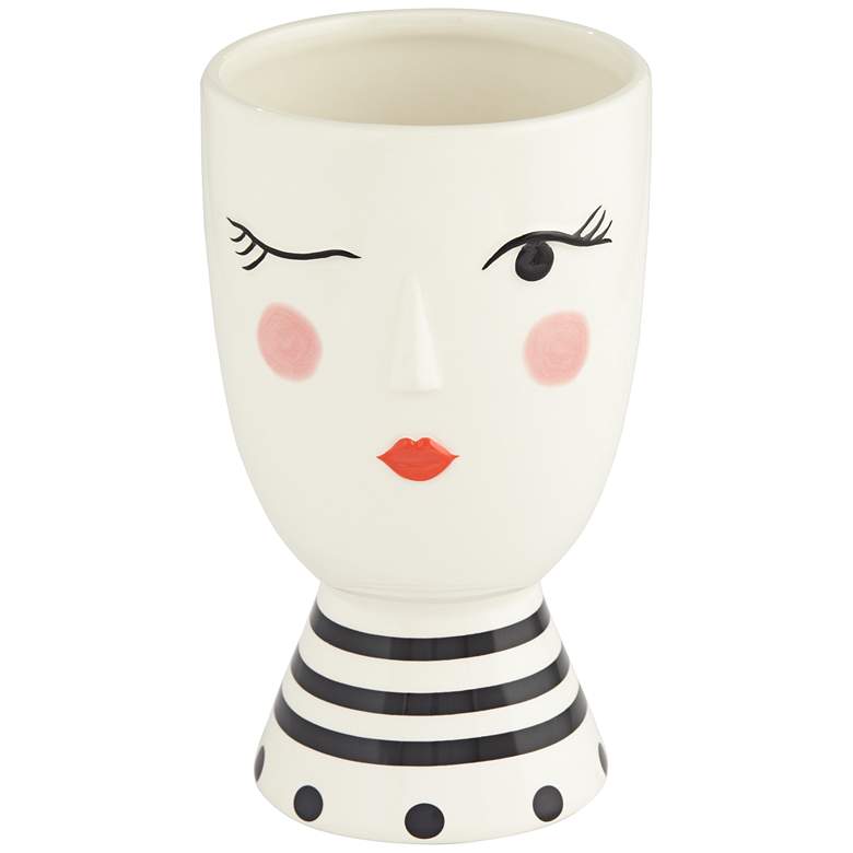 Winking Girl Face 7 1/4&quot; High White and Black Decorative Vase