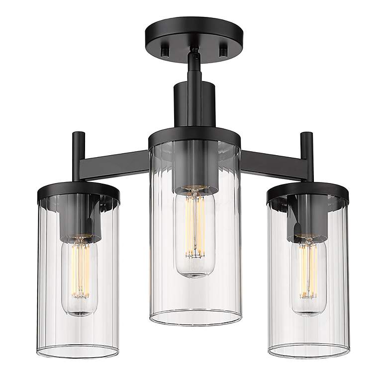 Image 2 Winslett 16 1/2" Matte Black 3-Light Semi-Flush With Ribbed Clear Glas more views