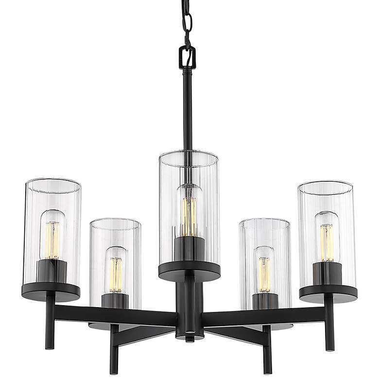 Image 3 Winslett 23 3/4 inch Matte Black 5-Light Chandelier With Ribbed Clear Glas