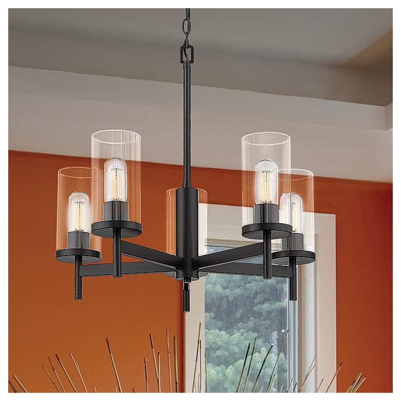 Image 2 Winslett 23 3/4 inch Matte Black 5-Light Chandelier With Ribbed Clear Glas