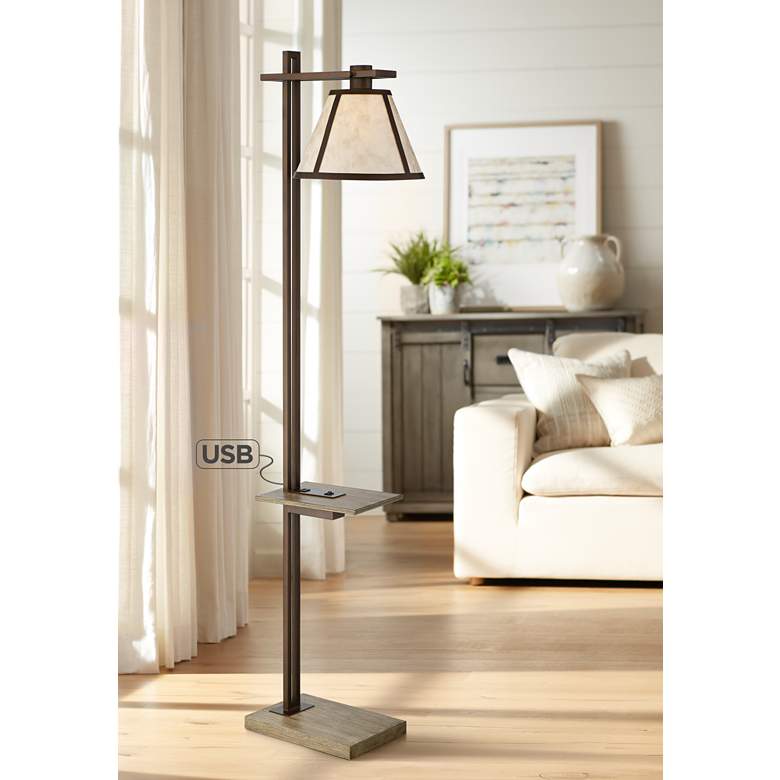 Image 1 Winslow Bronze Mica Shade Floor Lamp with Built-In Tray Table and USB Port