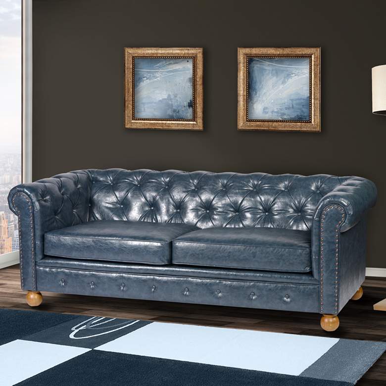 Image 1 Winston1060 80" Wide Blue Bonded Leather Vintage Sofa