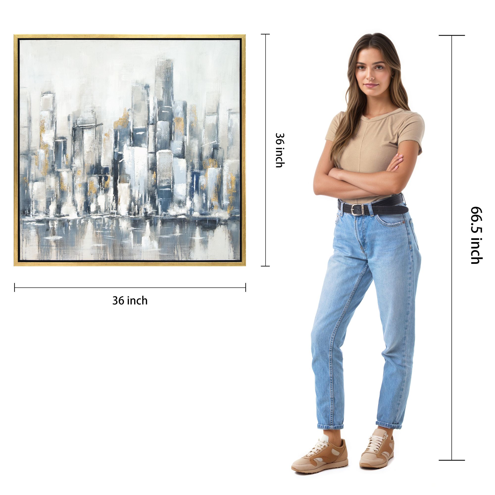 Winter Cityscape 36" Square Metallic Framed Canvas Wall Art in scene