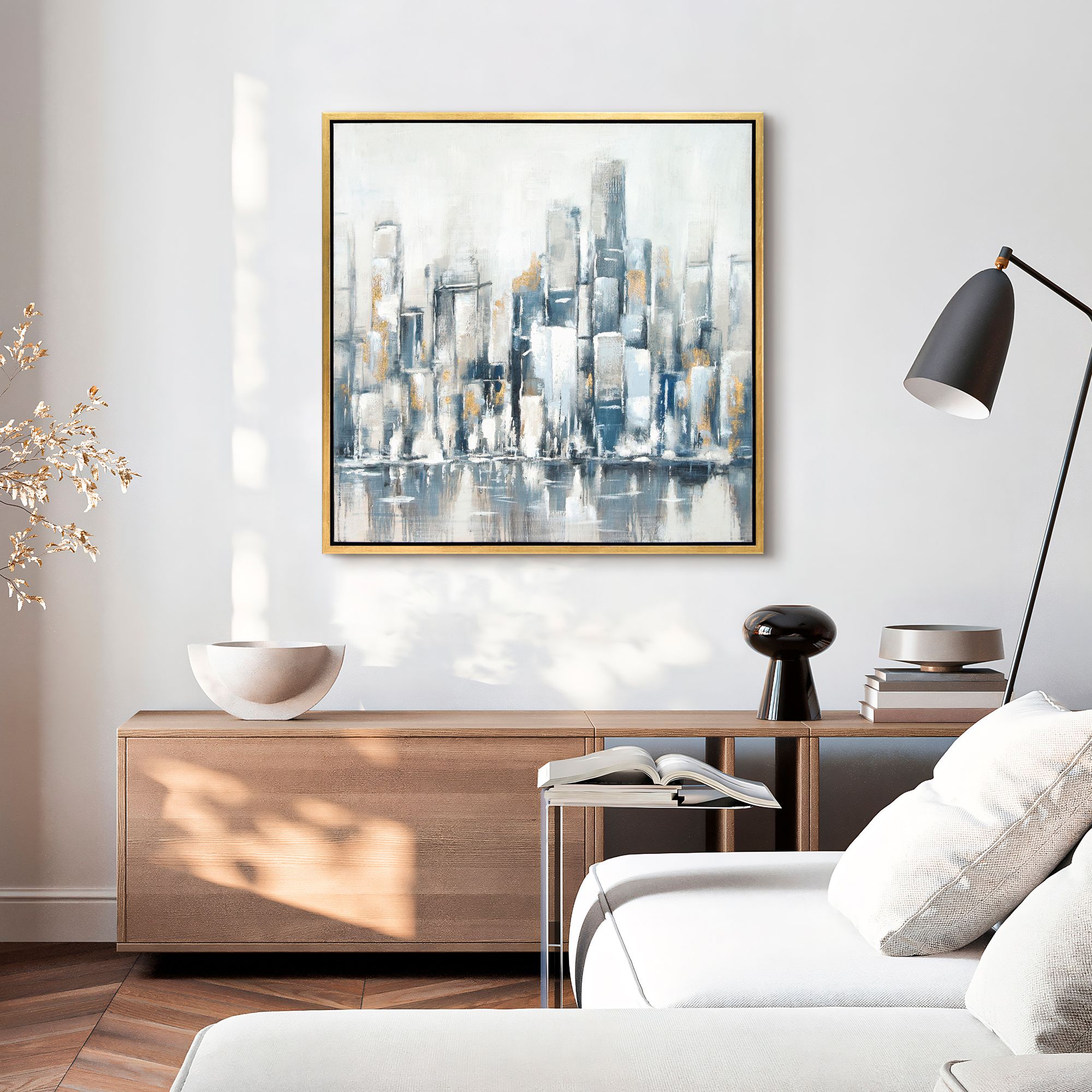 Winter Cityscape 36" Square Metallic Framed Canvas Wall Art in scene
