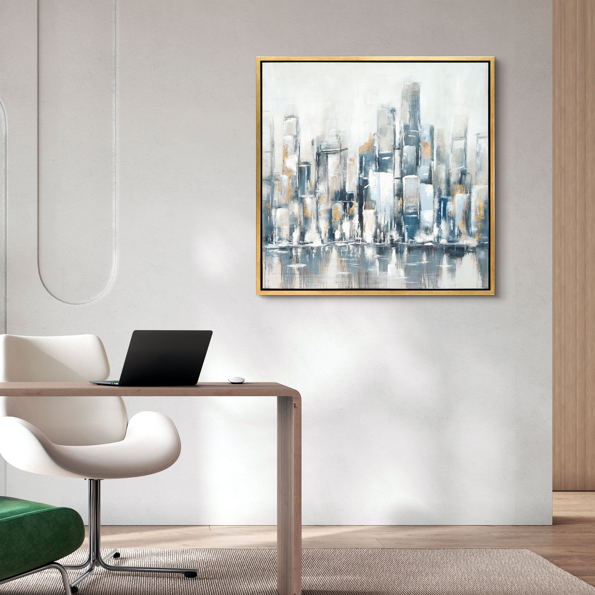 Winter Cityscape 36" Square Metallic Framed Canvas Wall Art in scene