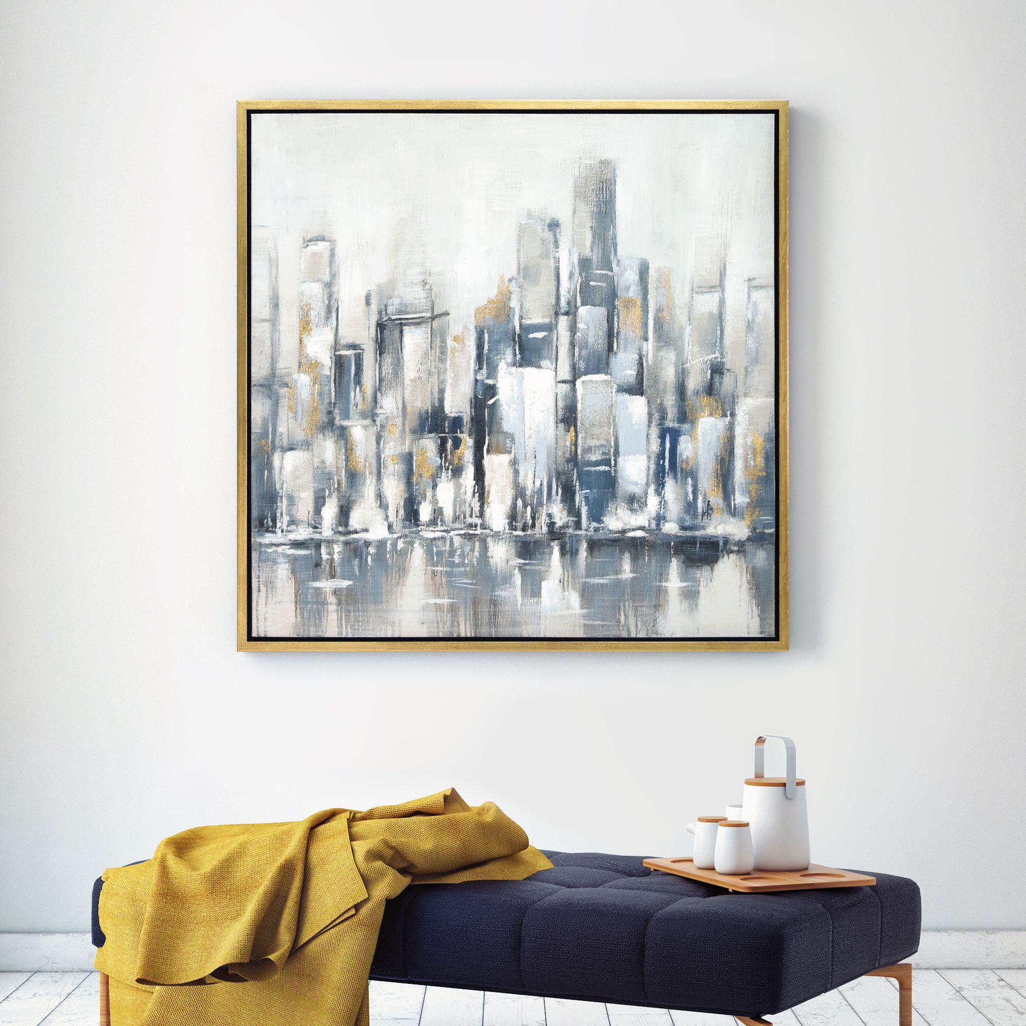 Winter Cityscape 36" Square Metallic Framed Canvas Wall Art in scene
