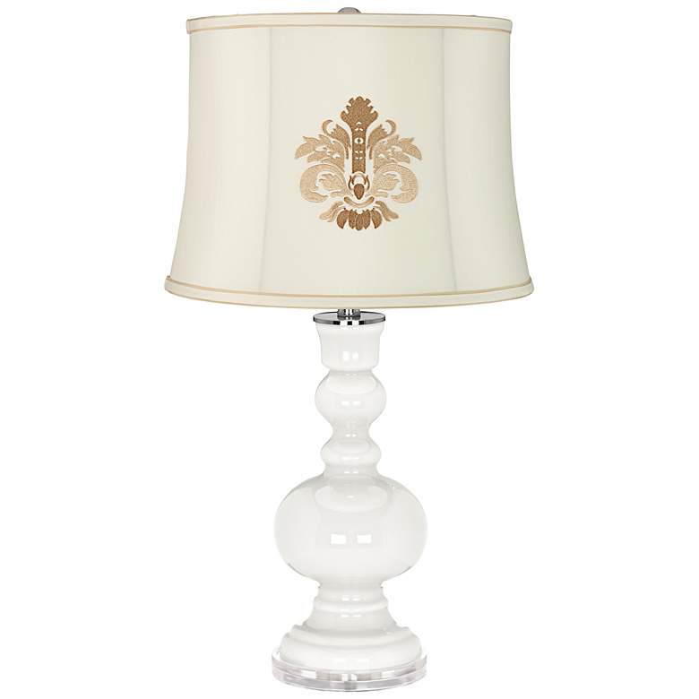 Image 1 Winter White Embroidered Crest Shade Apothecary Table Lamp
