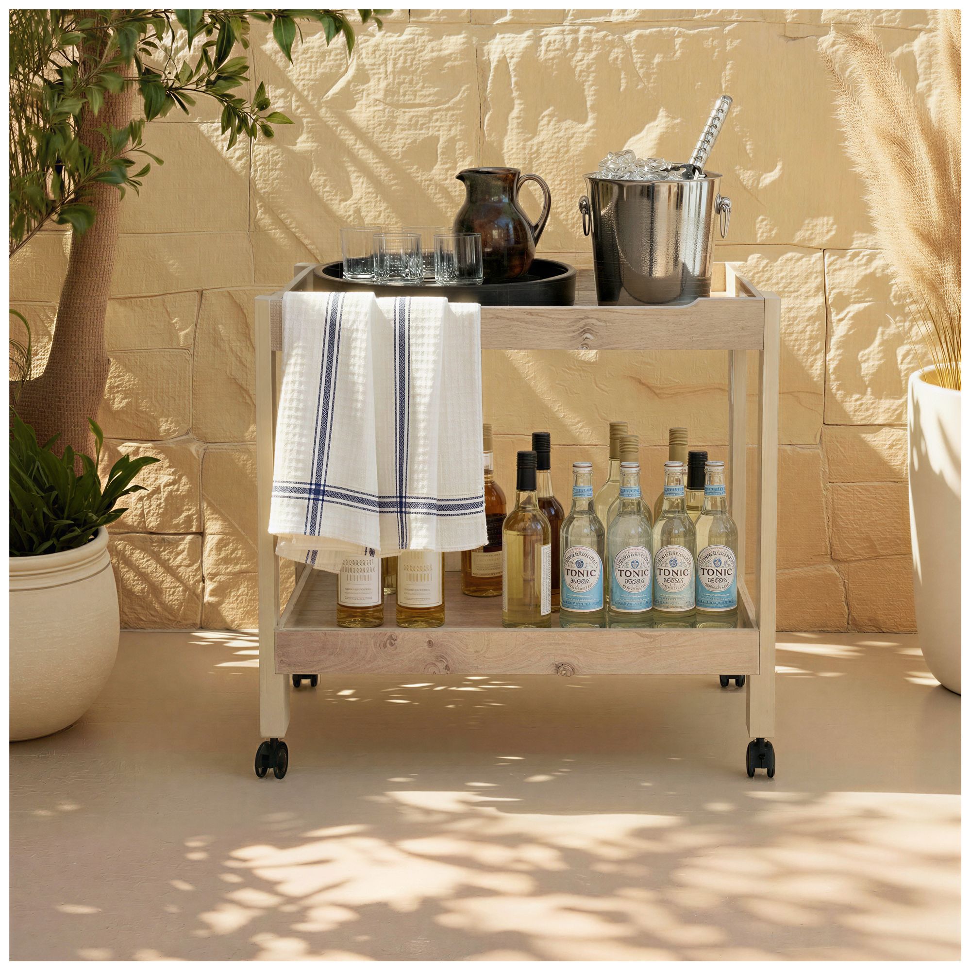 Thumbnail2 of Wood and Burl Wood Veneer 2-Tier Bar Cart on Casters, Natural Finish more views