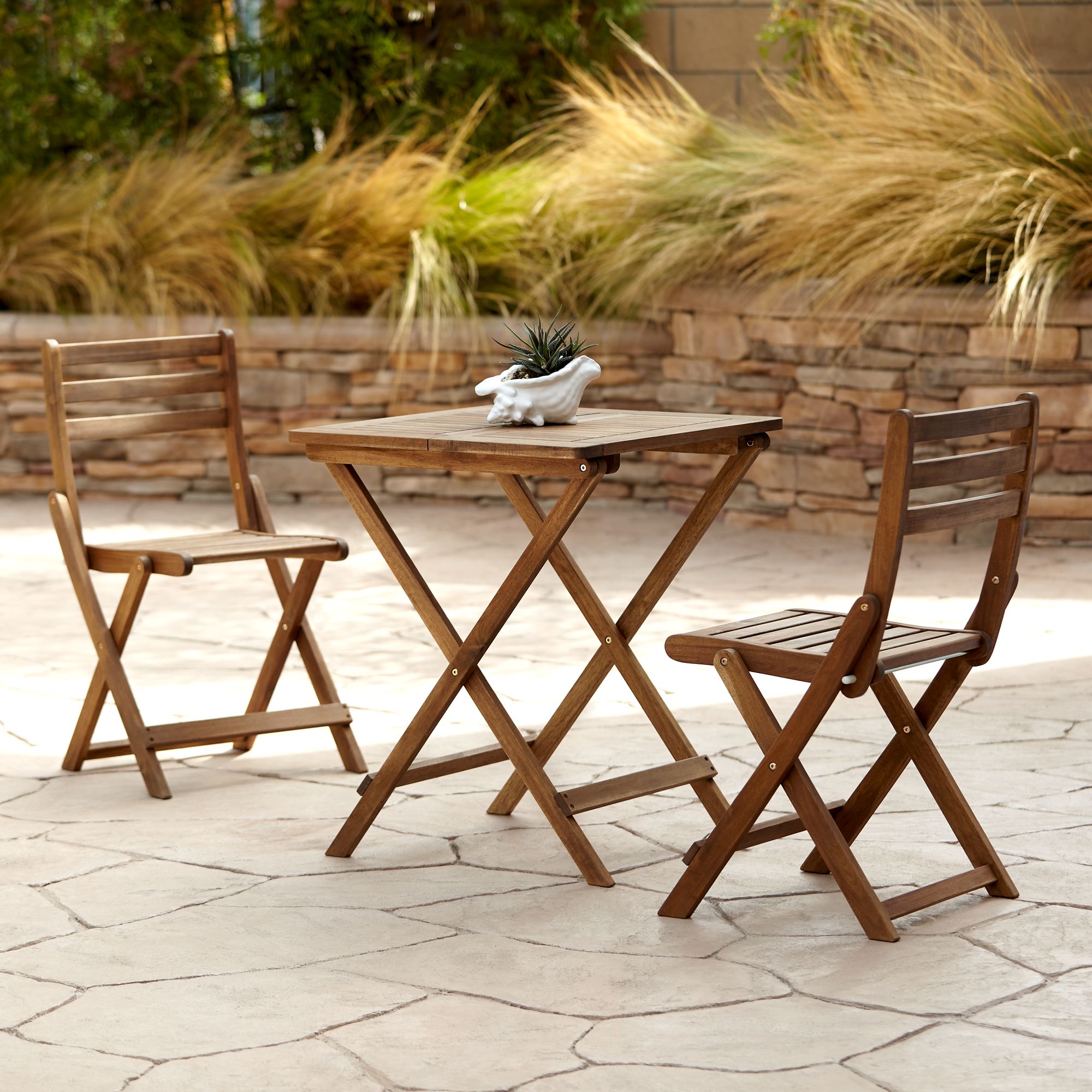 outdoor wooden bistro table and chairs