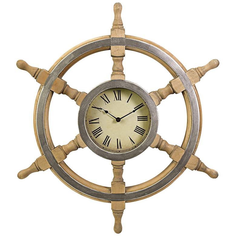 Image 1 Wood Ship Wheel 26 inch Round Wall Clock