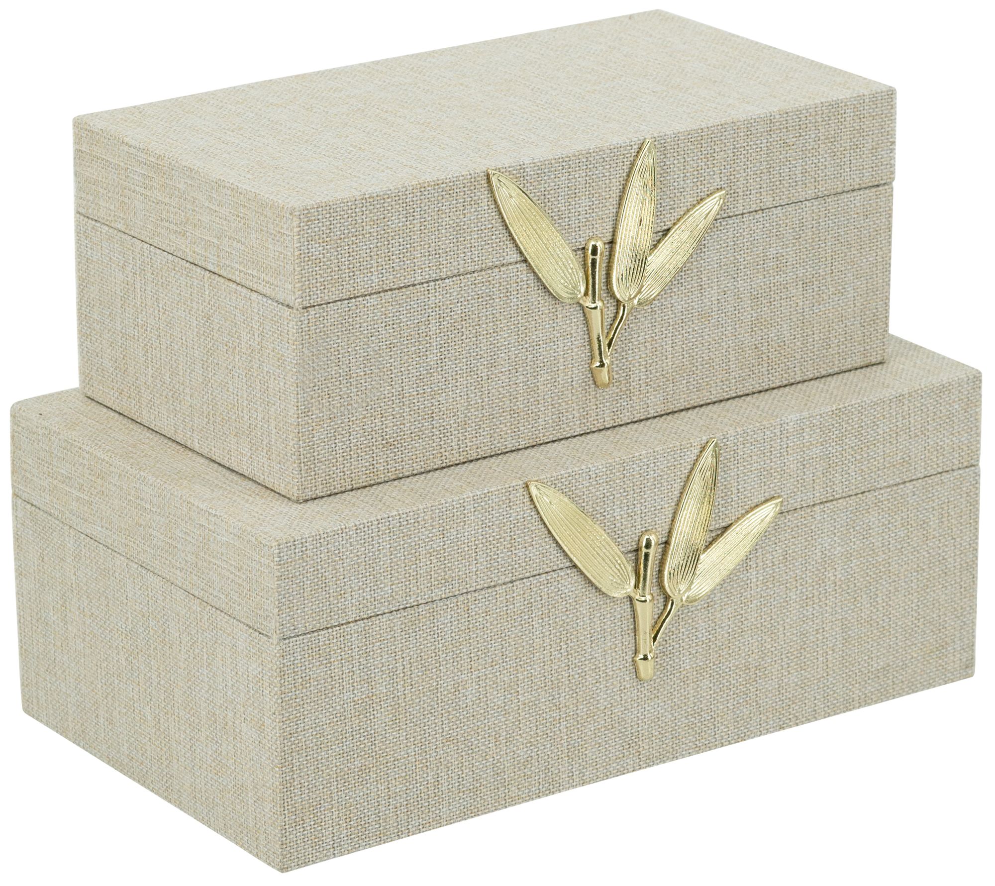 Image 2 Wood Storage Boxes Textured Gray Linen Gold Leaf Accents Set of 2