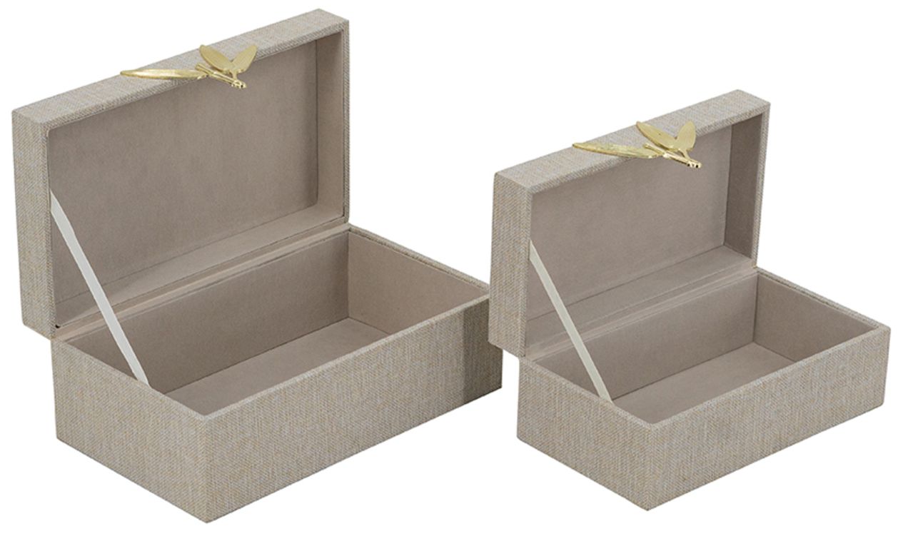 Image 4 Wood Storage Boxes Textured Gray Linen Gold Leaf Accents Set of 2 more views