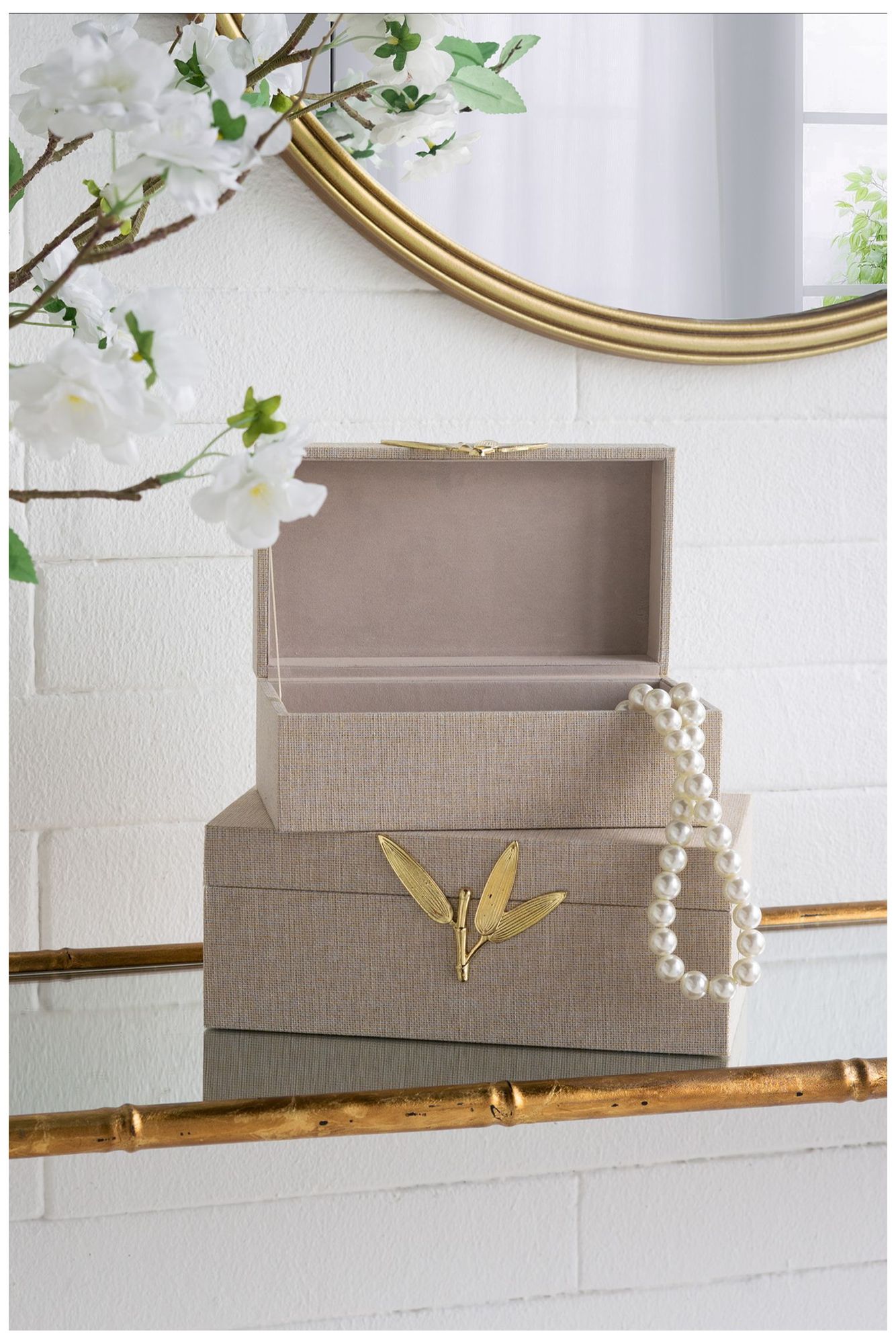 Wood Storage Boxes Textured Gray Linen Gold Leaf Accents Set of 2