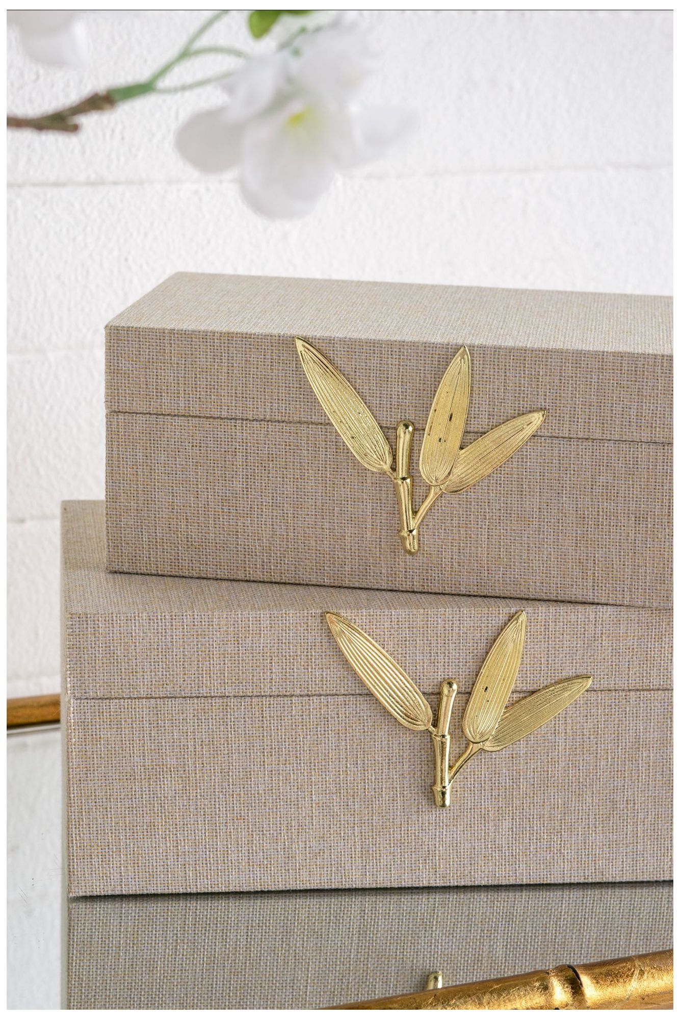 Wood Storage Boxes Textured Gray Linen Gold Leaf Accents Set of 2