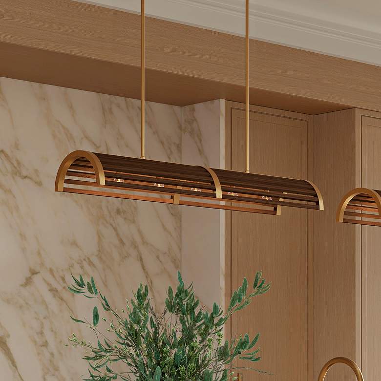 Image 2 Woodbine 42"W Brass and Chestnut 5-Light Island Chandelier